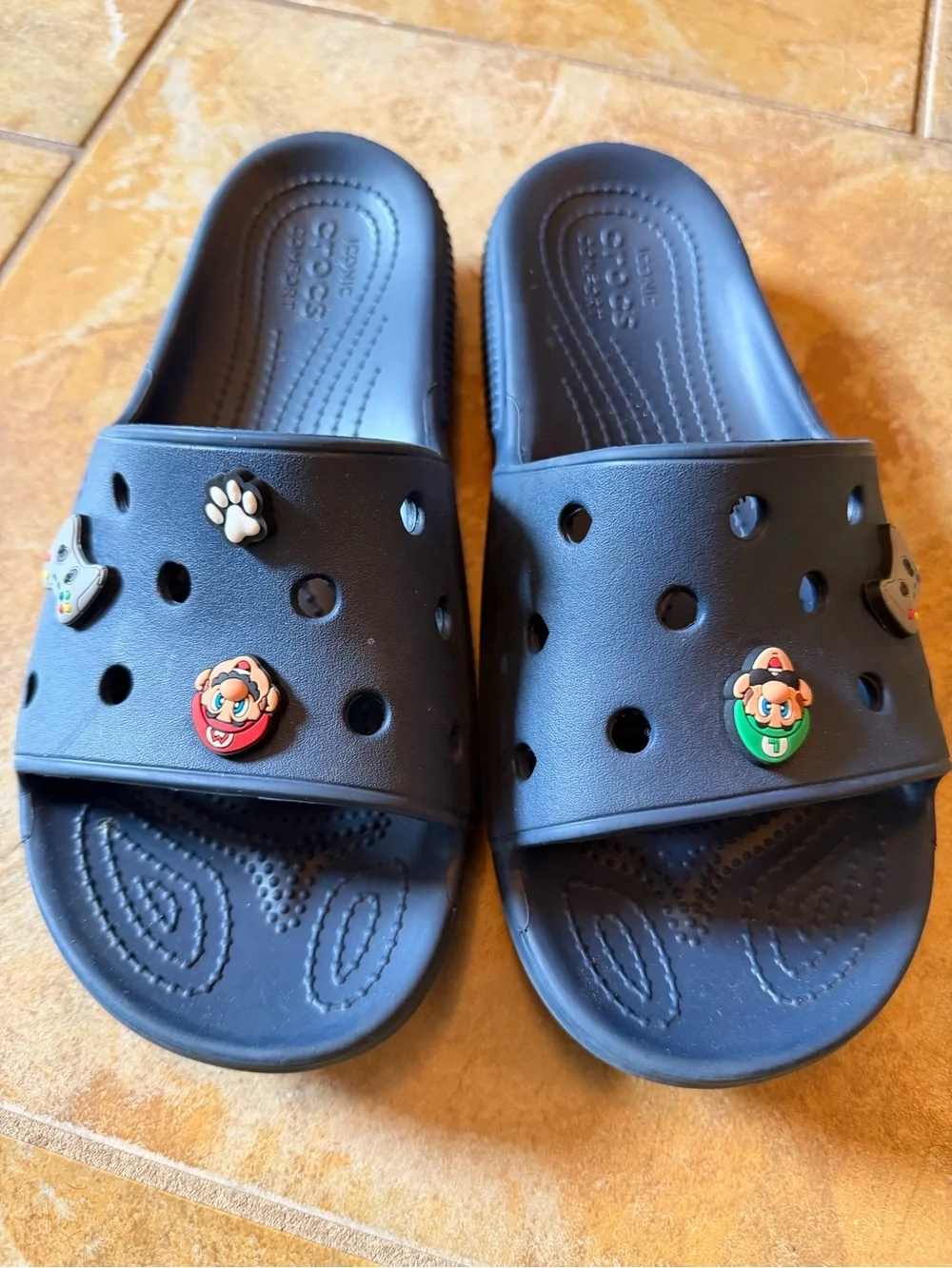 Pair (2) of Boys/Men Crocs Slide Sandals with Charms. Size 9 Men
